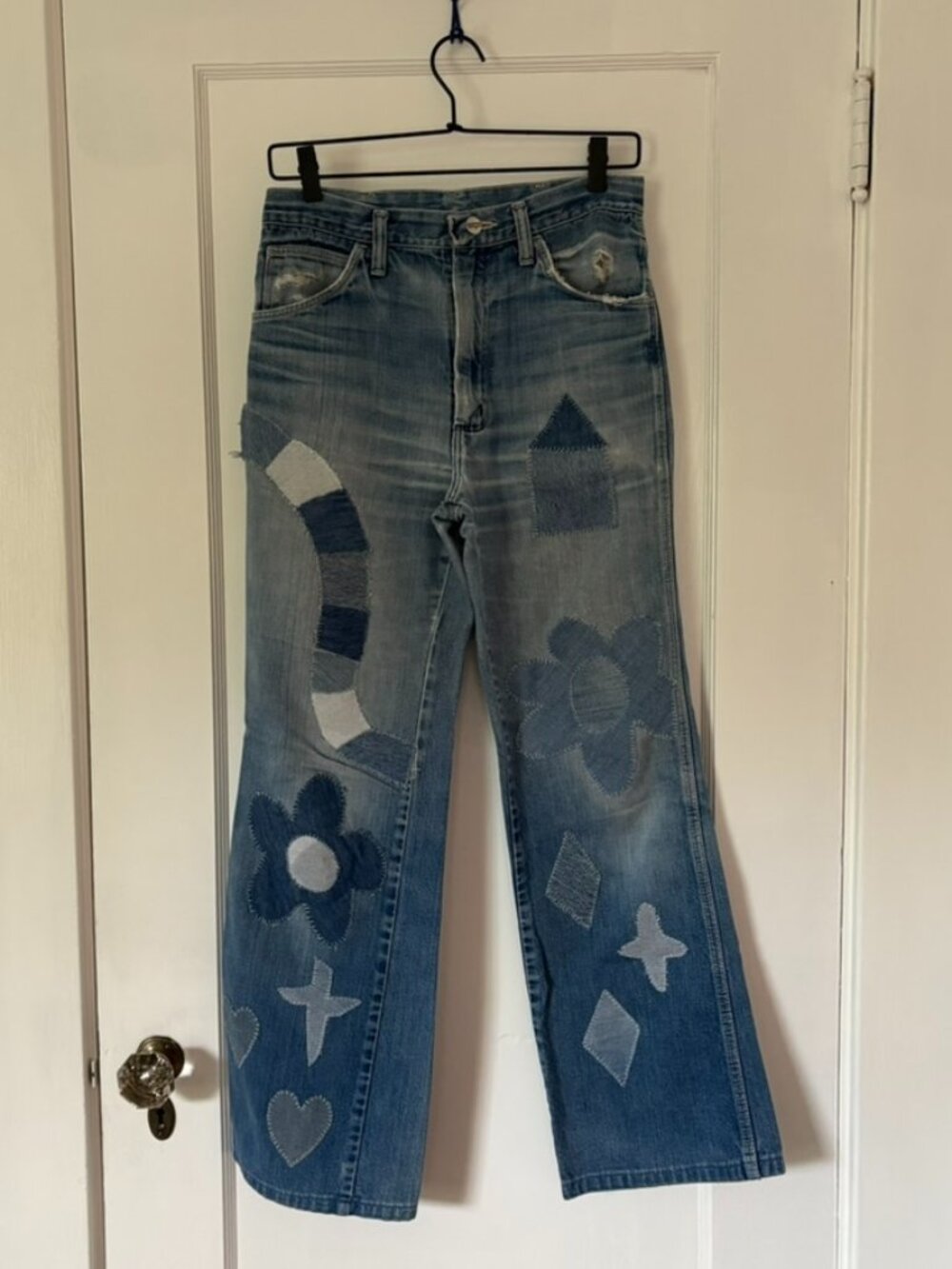 Wrangler vintage wide leg Jeans custom mended patch embroidery Denim Size S